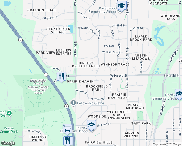 map of restaurants, bars, coffee shops, grocery stores, and more near 930 West Elizabeth Street in Olathe
