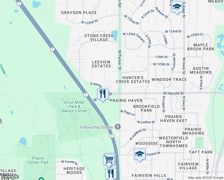 map of restaurants, bars, coffee shops, grocery stores, and more near 1251 West Harold Street in Olathe