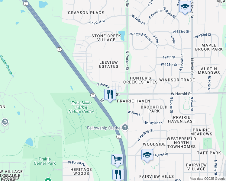 map of restaurants, bars, coffee shops, grocery stores, and more near 1251 West Harold Street in Olathe