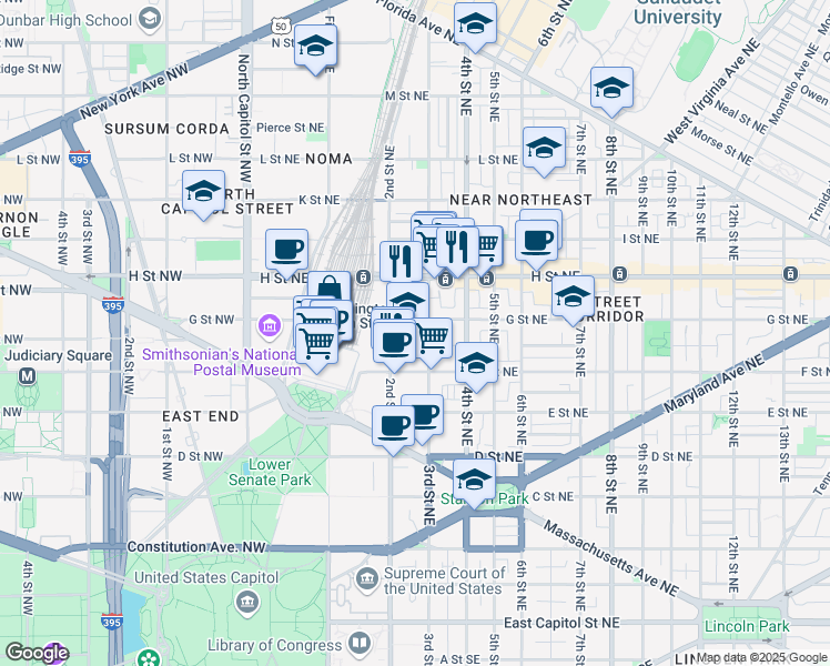 map of restaurants, bars, coffee shops, grocery stores, and more near 215 G Street Northeast in Washington