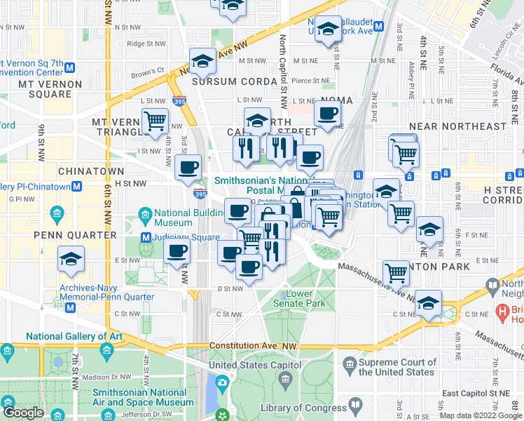 map of restaurants, bars, coffee shops, grocery stores, and more near 25 Massachusetts Avenue Northwest in Washington