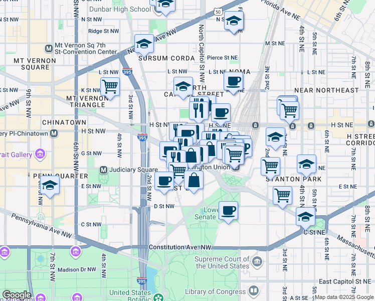 map of restaurants, bars, coffee shops, grocery stores, and more near 101 Independence Avenue Southeast in Washington