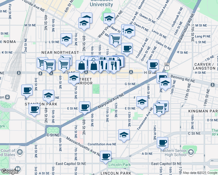 map of restaurants, bars, coffee shops, grocery stores, and more near 101 Independence Avenue Southeast in Washington