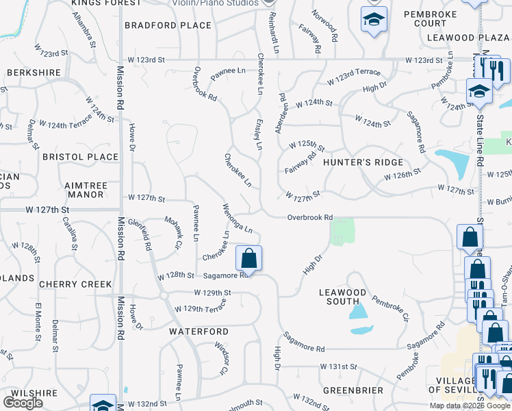 map of restaurants, bars, coffee shops, grocery stores, and more near 12631 Overbrook Road in Leawood