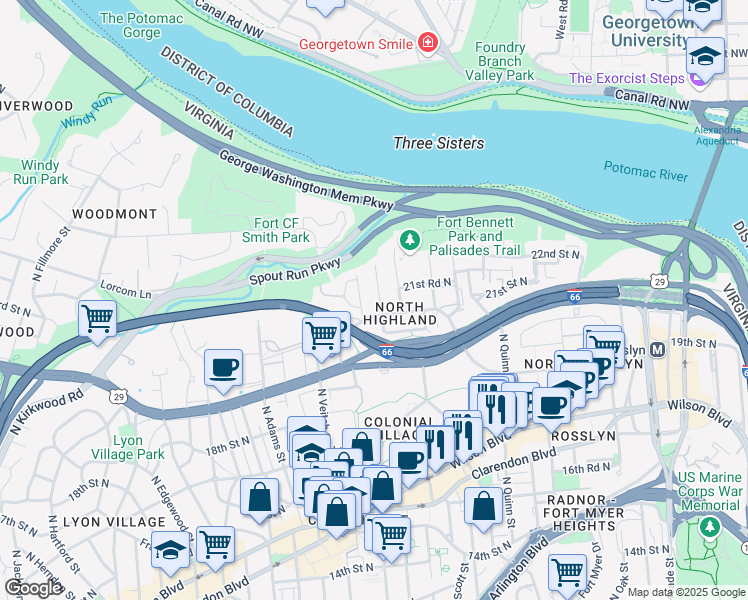 map of restaurants, bars, coffee shops, grocery stores, and more near 2108 North Troy Street in Arlington