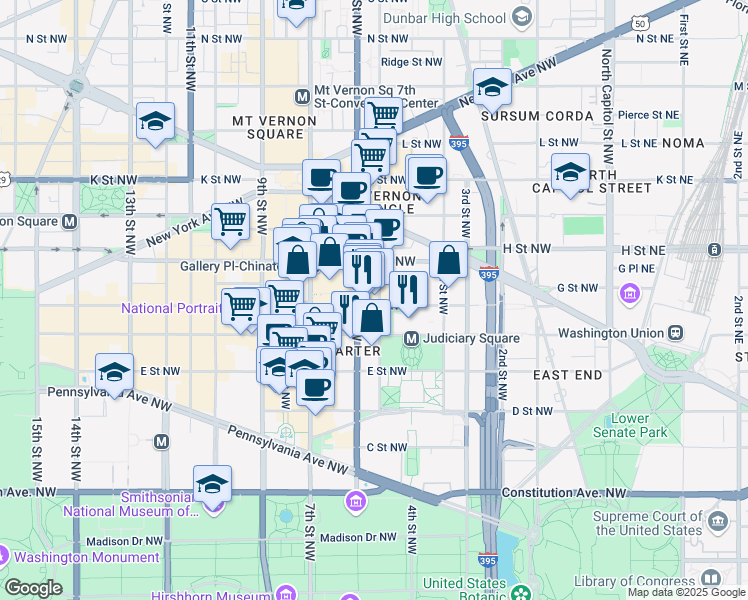 map of restaurants, bars, coffee shops, grocery stores, and more near 501 G Street Northwest in Washington