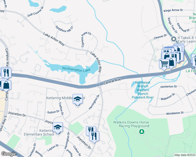 map of restaurants, bars, coffee shops, grocery stores, and more near 11411 Lake Arbor Way in Bowie