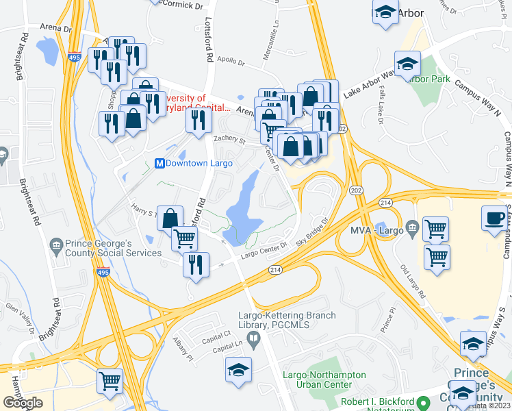 map of restaurants, bars, coffee shops, grocery stores, and more near 9720 Lake Point Court in Upper Marlboro