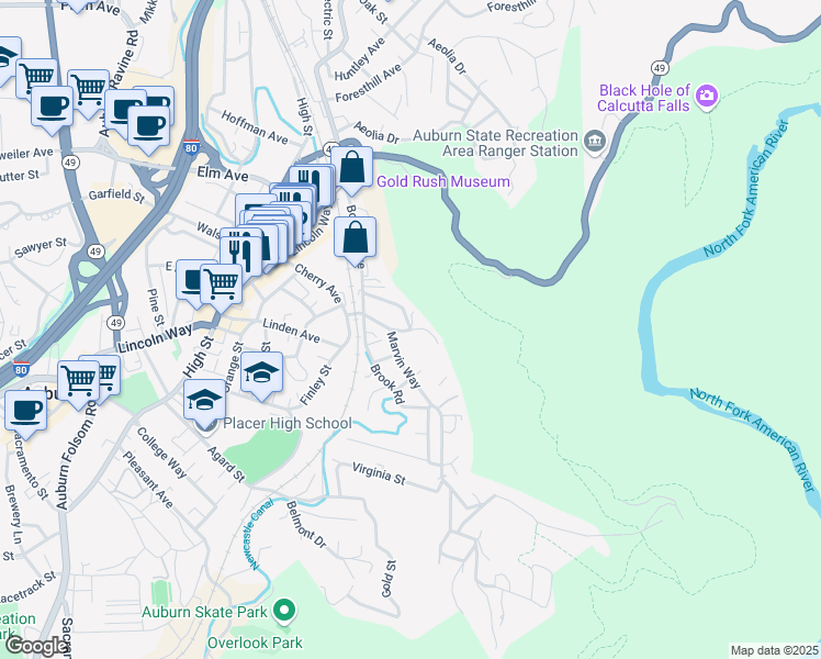 map of restaurants, bars, coffee shops, grocery stores, and more near 210 Gossonia Park in Auburn