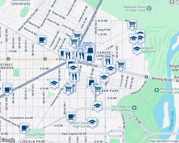 map of restaurants, bars, coffee shops, grocery stores, and more near 1648 Gales Street Northeast in Washington