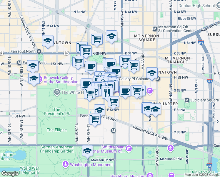 map of restaurants, bars, coffee shops, grocery stores, and more near 1201 G Street Northwest in Washington