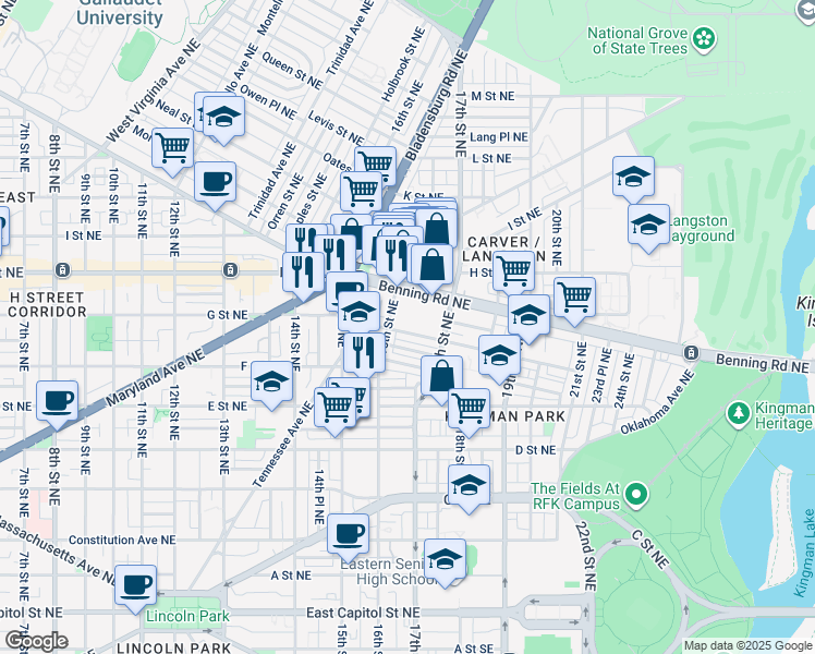map of restaurants, bars, coffee shops, grocery stores, and more near 1616 Gales Street Northeast in Washington