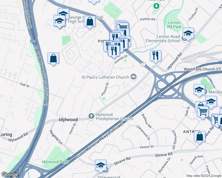 map of restaurants, bars, coffee shops, grocery stores, and more near 2311 Pimmit Drive in Falls Church