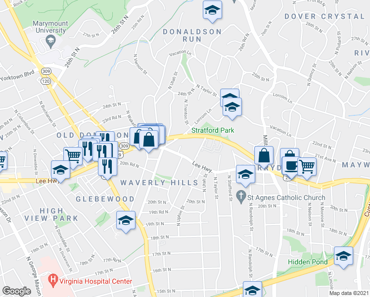 map of restaurants, bars, coffee shops, grocery stores, and more near 4377 Cherry Hill Road in Arlington