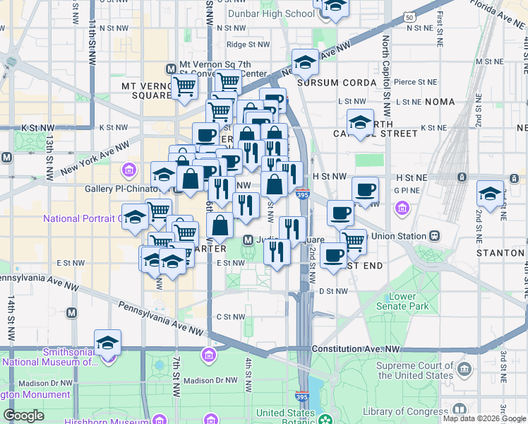 map of restaurants, bars, coffee shops, grocery stores, and more near in Washington