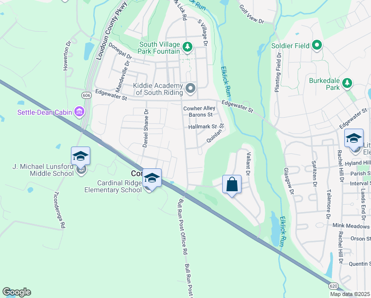 map of restaurants, bars, coffee shops, grocery stores, and more near Donovan Dr & Quinlan St in Loudoun