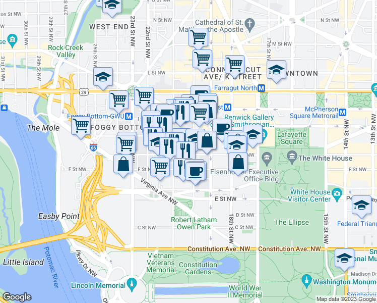 map of restaurants, bars, coffee shops, grocery stores, and more near 700 20th Street Northwest in Washington