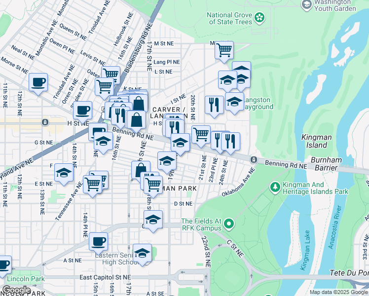 map of restaurants, bars, coffee shops, grocery stores, and more near 1915 Benning Road Northeast in Washington