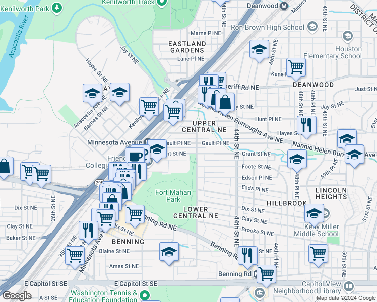 map of restaurants, bars, coffee shops, grocery stores, and more near 4124 Grant Street Northeast in Washington