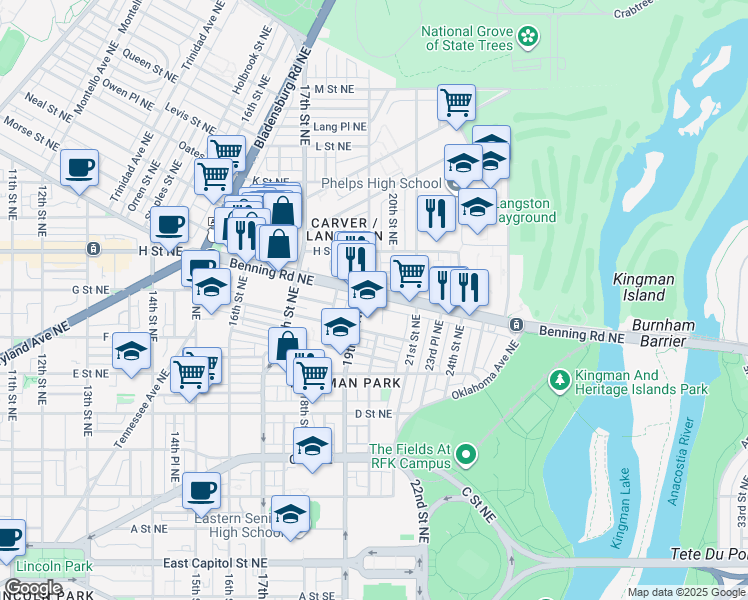 map of restaurants, bars, coffee shops, grocery stores, and more near 101 Independence Avenue Southeast in Washington