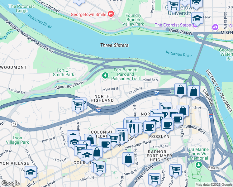 map of restaurants, bars, coffee shops, grocery stores, and more near 2103 North Scott Street in Arlington