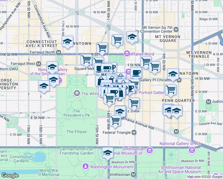 map of restaurants, bars, coffee shops, grocery stores, and more near 1341 G Street Northwest in Washington