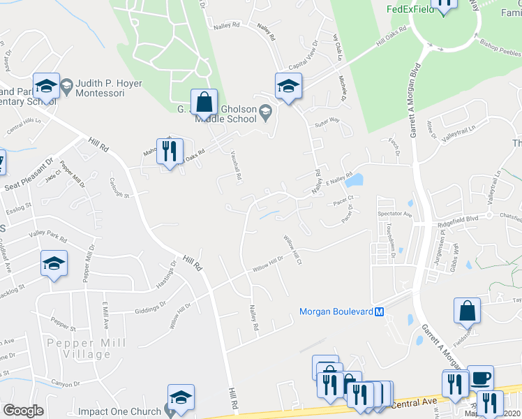 map of restaurants, bars, coffee shops, grocery stores, and more near Courtney Place in Hyattsville