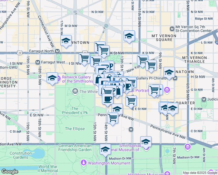 map of restaurants, bars, coffee shops, grocery stores, and more near 1341 G Street Northwest in Washington