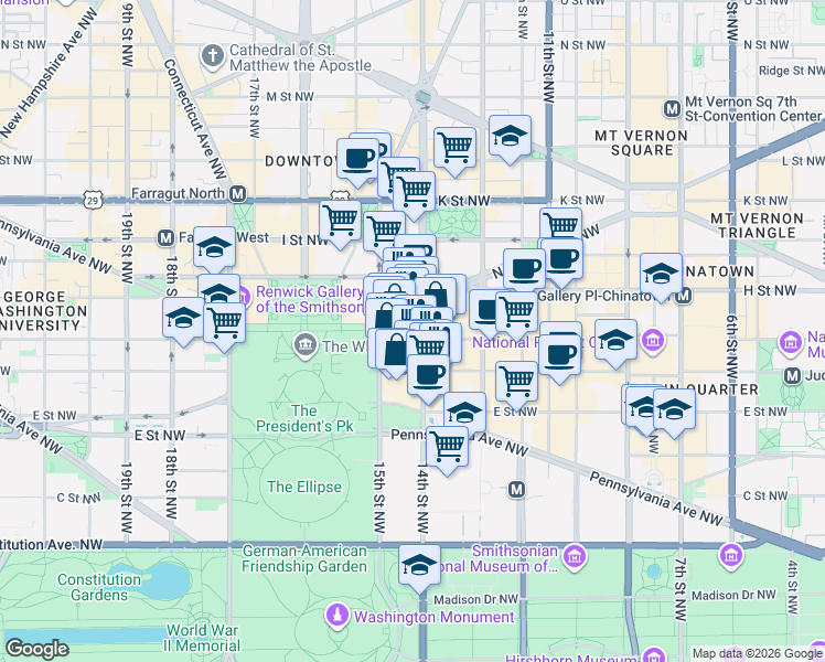 map of restaurants, bars, coffee shops, grocery stores, and more near 700 14th Street Northwest in Washington