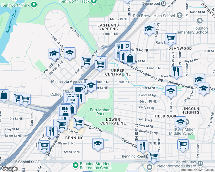 map of restaurants, bars, coffee shops, grocery stores, and more near 4118 Grant Street Northeast in Washington