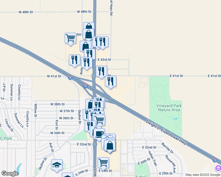 map of restaurants, bars, coffee shops, grocery stores, and more near General Hays Road in Hays