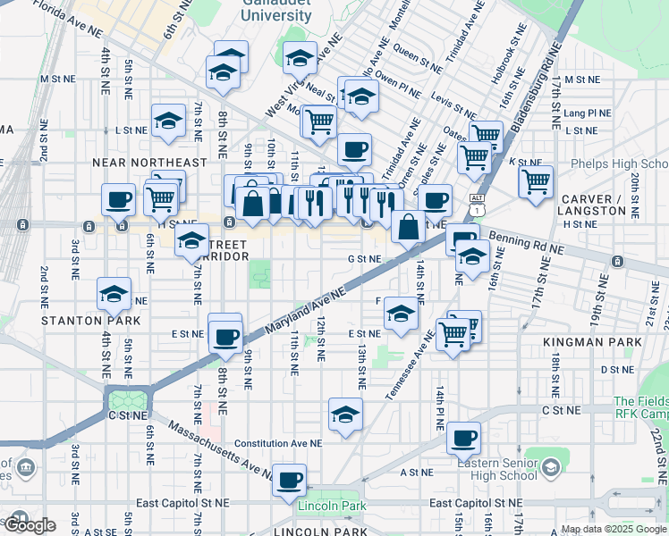 map of restaurants, bars, coffee shops, grocery stores, and more near 1213 G Street Northeast in Washington