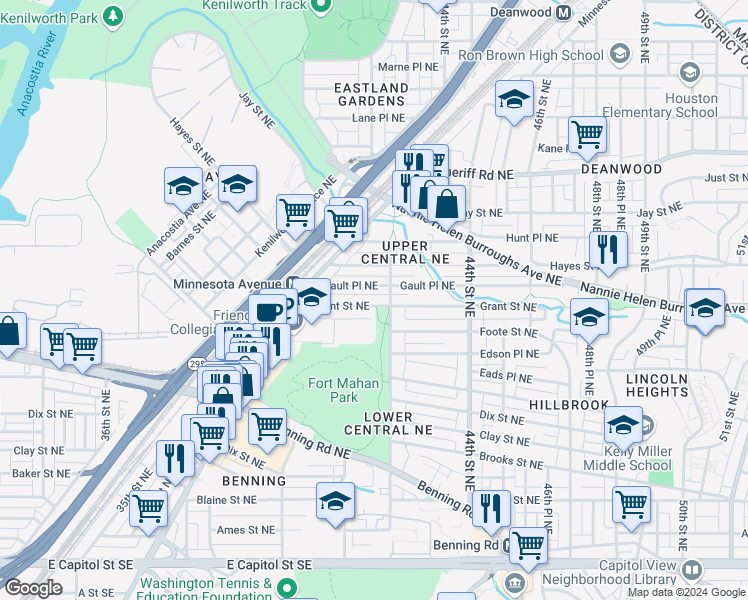 map of restaurants, bars, coffee shops, grocery stores, and more near 4124 Grant Street Northeast in Washington