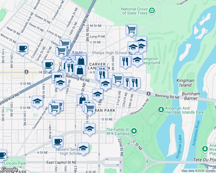 map of restaurants, bars, coffee shops, grocery stores, and more near 101 Independence Avenue Southeast in Washington