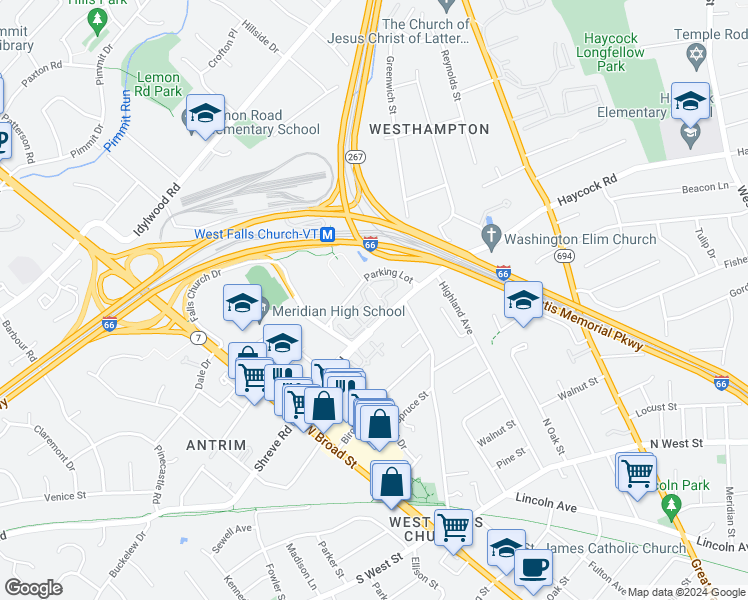 map of restaurants, bars, coffee shops, grocery stores, and more near 6990 Falls Reach Drive in Falls Church