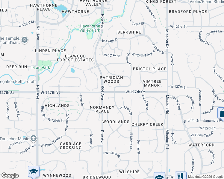 map of restaurants, bars, coffee shops, grocery stores, and more near 12701 Granada Road in Leawood