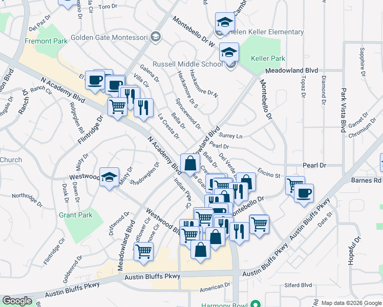 map of restaurants, bars, coffee shops, grocery stores, and more near 4555 La Cresta Drive in Colorado Springs