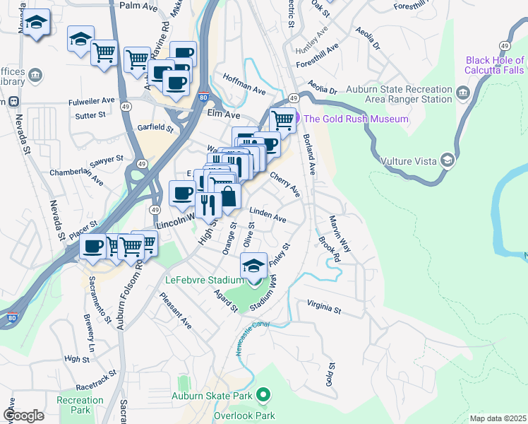 map of restaurants, bars, coffee shops, grocery stores, and more near 211 California Street in Auburn