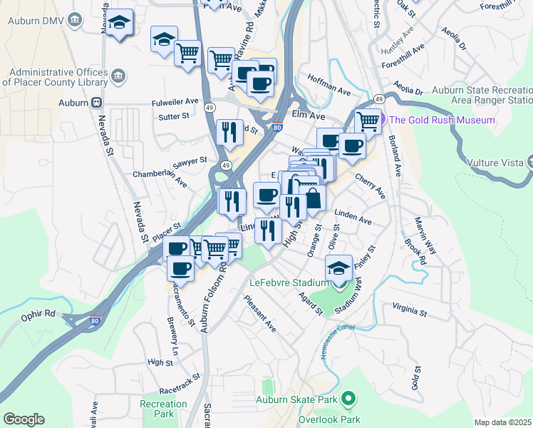 map of restaurants, bars, coffee shops, grocery stores, and more near 1021 Lincoln Way in Auburn