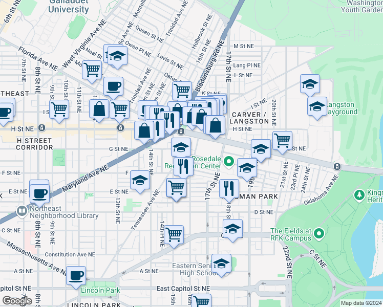 map of restaurants, bars, coffee shops, grocery stores, and more near 101 Independence Avenue Southeast in Washington