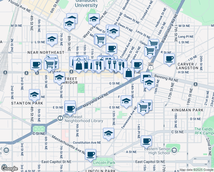 map of restaurants, bars, coffee shops, grocery stores, and more near 101 Independence Avenue Southeast in Washington