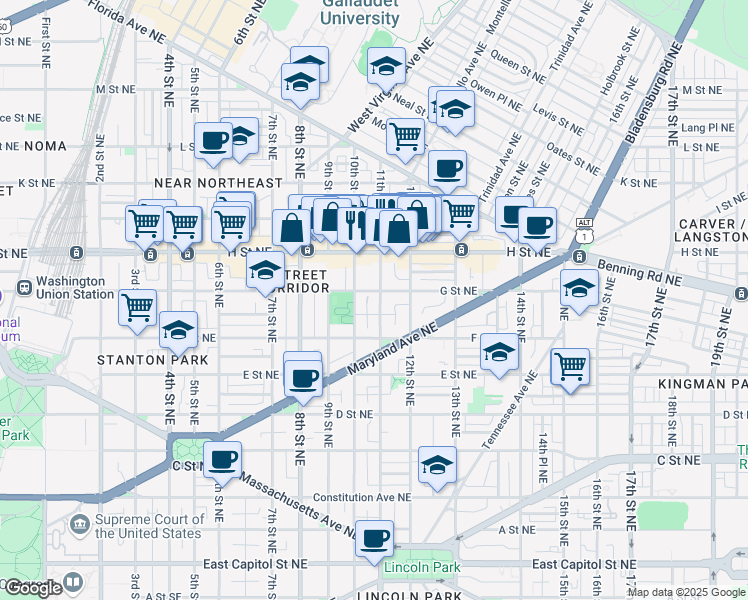 map of restaurants, bars, coffee shops, grocery stores, and more near 101 Independence Avenue Southeast in Washington