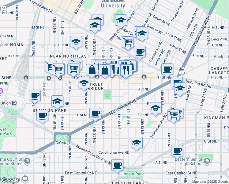 map of restaurants, bars, coffee shops, grocery stores, and more near 101 Independence Avenue Southeast in Washington