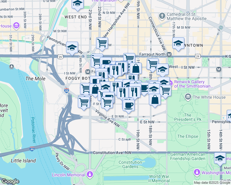 map of restaurants, bars, coffee shops, grocery stores, and more near 101 Independence Avenue Southeast in Washington