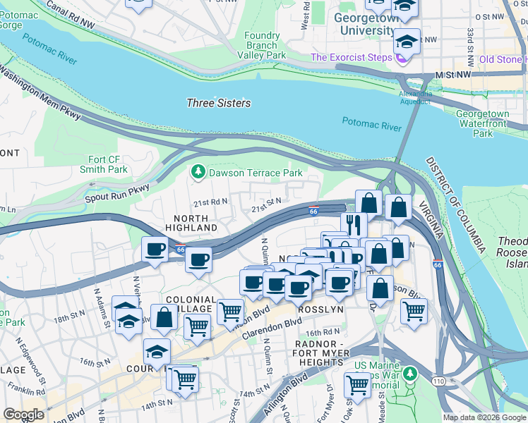 map of restaurants, bars, coffee shops, grocery stores, and more near 101 Independence Avenue Southeast in Washington