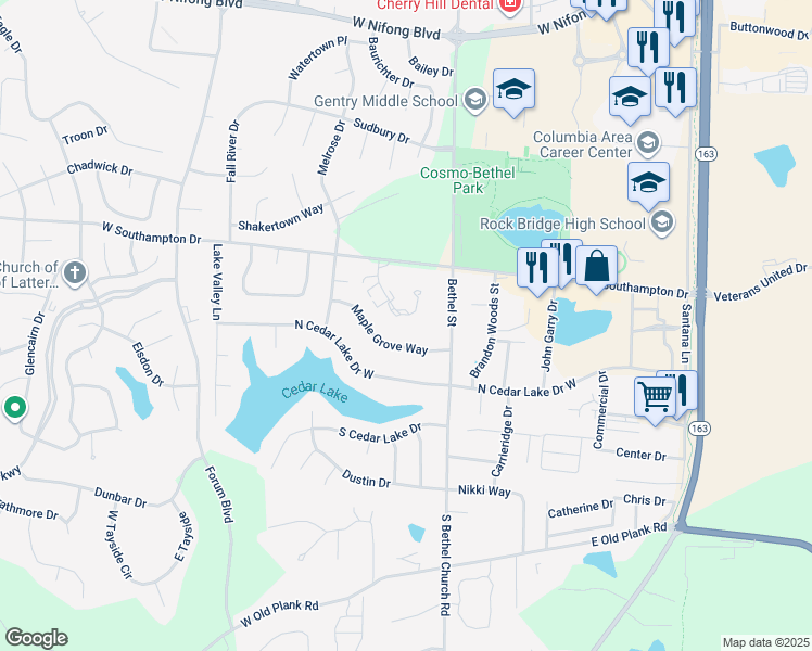 map of restaurants, bars, coffee shops, grocery stores, and more near 257 Maple Grove Way in Columbia