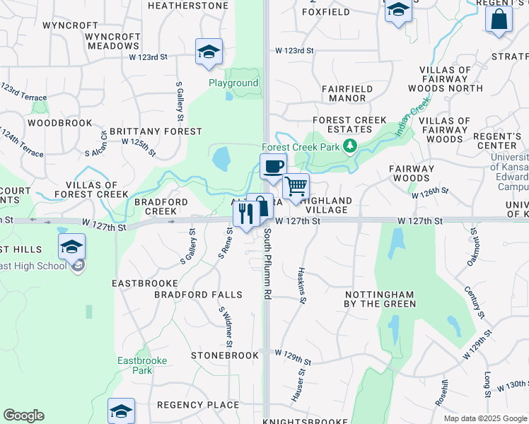map of restaurants, bars, coffee shops, grocery stores, and more near 12710 South Pflumm Road in Olathe