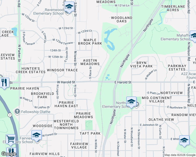 map of restaurants, bars, coffee shops, grocery stores, and more near 297 West Harold Street in Olathe