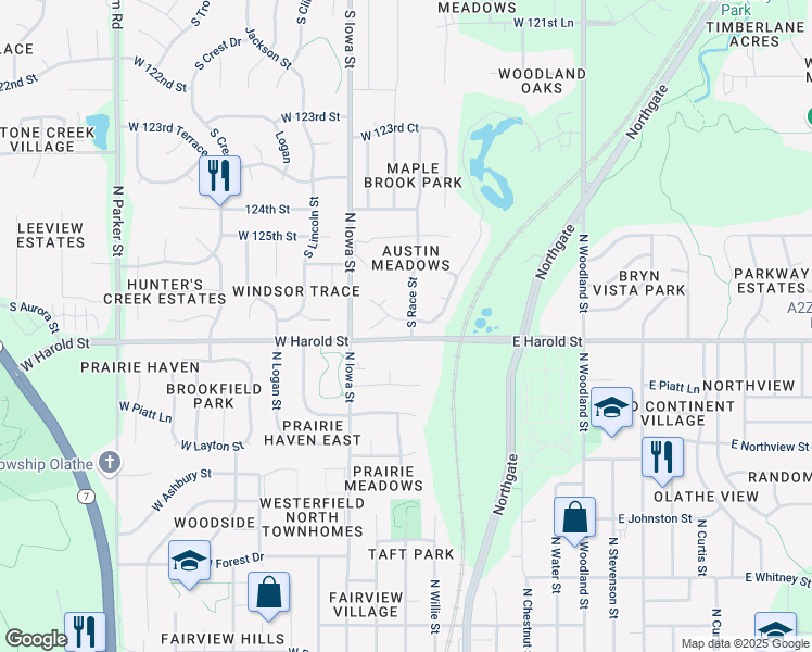 map of restaurants, bars, coffee shops, grocery stores, and more near 12671 South Race Street in Olathe