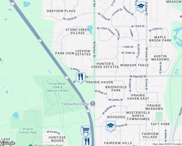map of restaurants, bars, coffee shops, grocery stores, and more near 1207 West Harold Street in Olathe